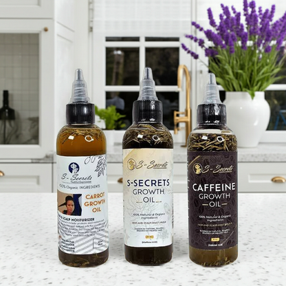 S-Secrets Hair Growth Bundle - Ultimate 3 x 4oz Bottles with Biotin, Ayurvedic Herbs, Essential Oils, Saw Palmetto & Scalp Stimulator Oil