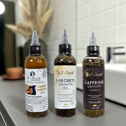 S-Secrets Hair Growth Bundle - Ultimate 3 x 4oz Bottles with Biotin, Ayurvedic Herbs, Essential Oils, Saw Palmetto & Scalp Stimulator Oil
