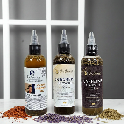 S-Secrets Hair Growth Bundle - Ultimate 3 x 4oz Bottles with Biotin, Ayurvedic Herbs, Essential Oils, Saw Palmetto & Scalp Stimulator Oil