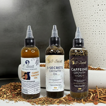 S-Secrets Hair Growth Bundle - Ultimate 3 x 4oz Bottles with Biotin, Ayurvedic Herbs, Essential Oils, Saw Palmetto & Scalp Stimulator Oil