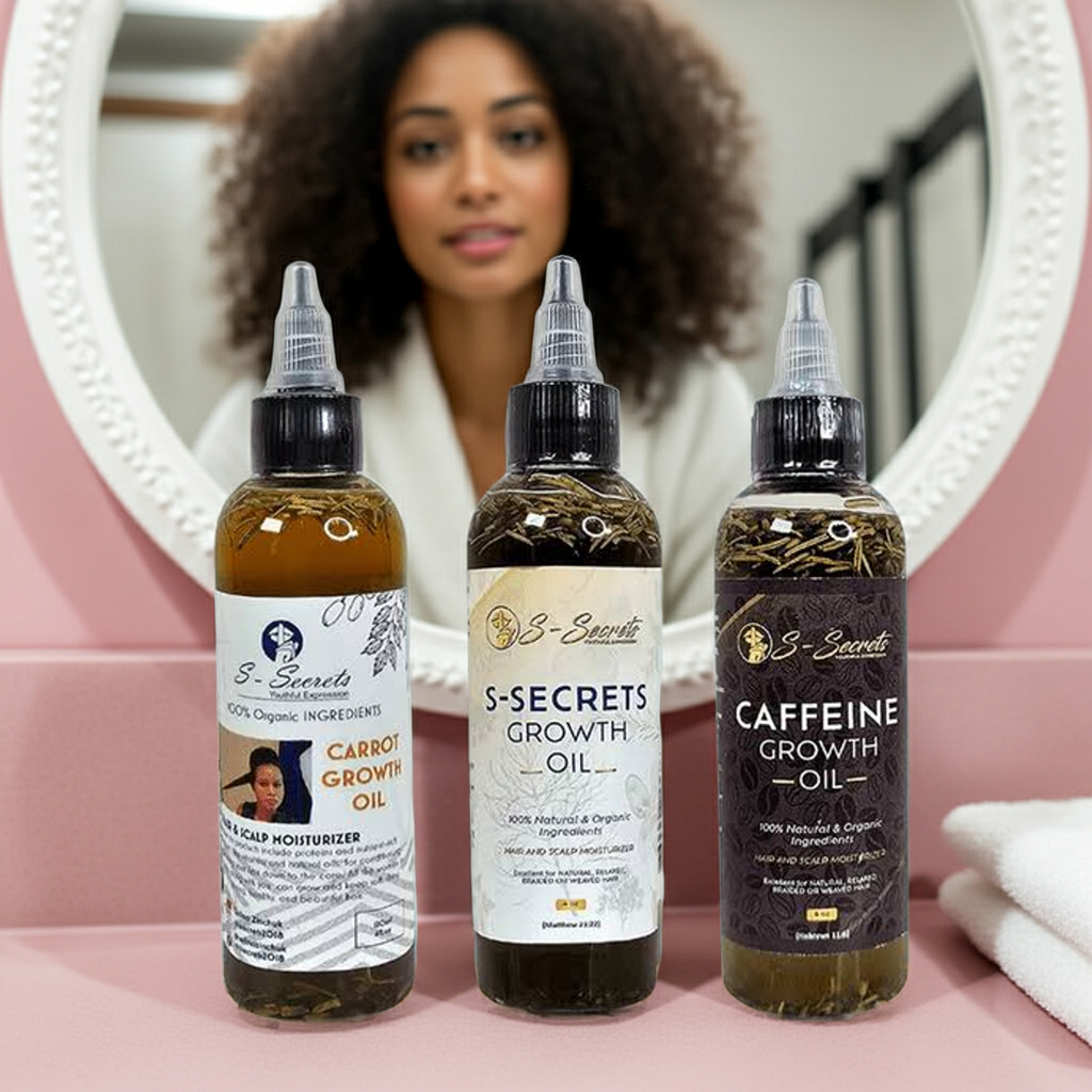 S-Secrets Hair Growth Bundle - Ultimate 3 x 4oz Bottles with Biotin, Ayurvedic Herbs, Essential Oils, Saw Palmetto & Scalp Stimulator Oil