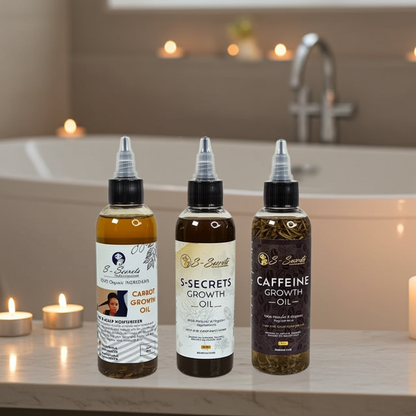 S-Secrets Hair Growth Bundle - Ultimate 3 x 4oz Bottles with Biotin, Ayurvedic Herbs, Essential Oils, Saw Palmetto & Scalp Stimulator Oil