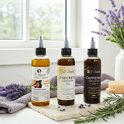 S-Secrets Hair Growth Bundle - Ultimate 3 x 4oz Bottles with Biotin, Ayurvedic Herbs, Essential Oils, Saw Palmetto & Scalp Stimulator Oil