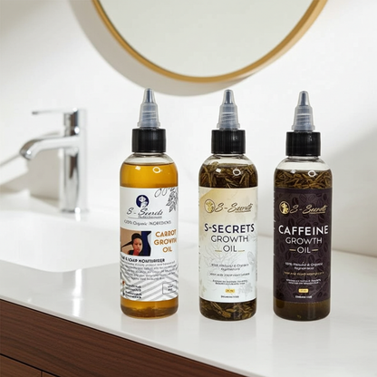 S-Secrets Hair Growth Bundle - Ultimate 3 x 4oz Bottles with Biotin, Ayurvedic Herbs, Essential Oils, Saw Palmetto & Scalp Stimulator Oil