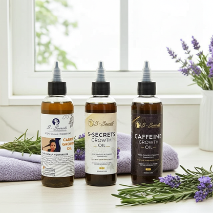 S-Secrets Hair Growth Bundle - Ultimate 3 x 4oz Bottles with Biotin, Ayurvedic Herbs, Essential Oils, Saw Palmetto & Scalp Stimulator Oil