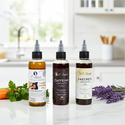 S-Secrets Hair Growth Bundle - Ultimate 3 x 4oz Bottles with Biotin, Ayurvedic Herbs, Essential Oils, Saw Palmetto & Scalp Stimulator Oil