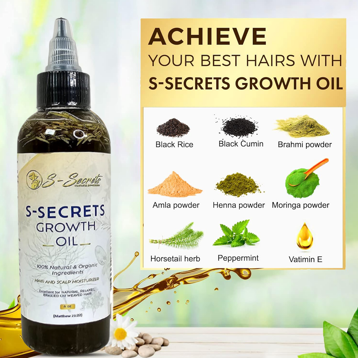 S-Secrets Scalp Stimulator Hair Growth Oil 4oz - Herbal Biotin & Essential Oils for All Hair Types